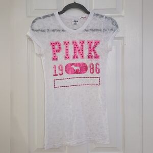 Vtg 2008 PINK Victoria’s Secret Burnout Graphic Tee - XS - White/Pink